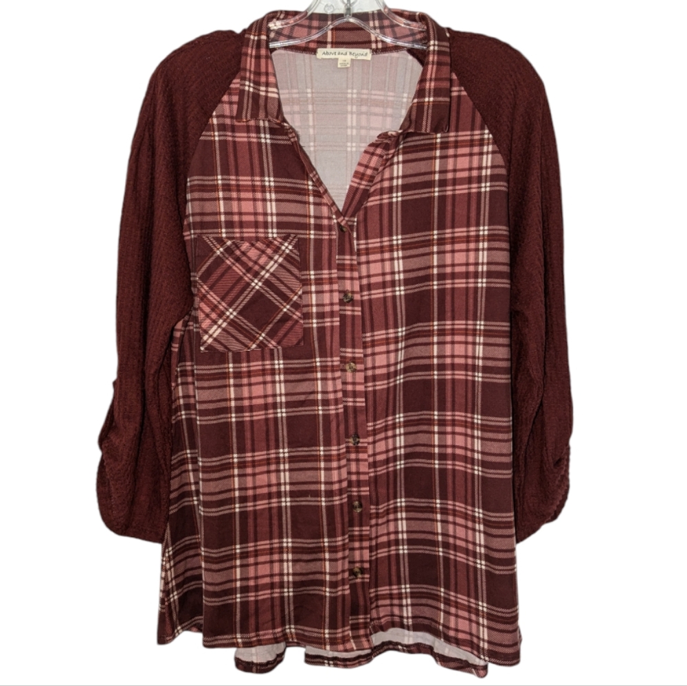 Above and beyond: soft women red / brown and pink plaid buttoned 1X